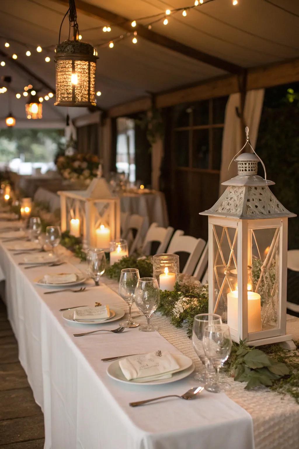 Country lanterns add charm and soft lighting to evening receptions.