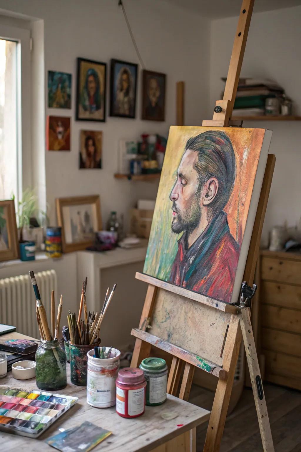 An eccentric likeness injecting whimsical allure into an artistic workspace.