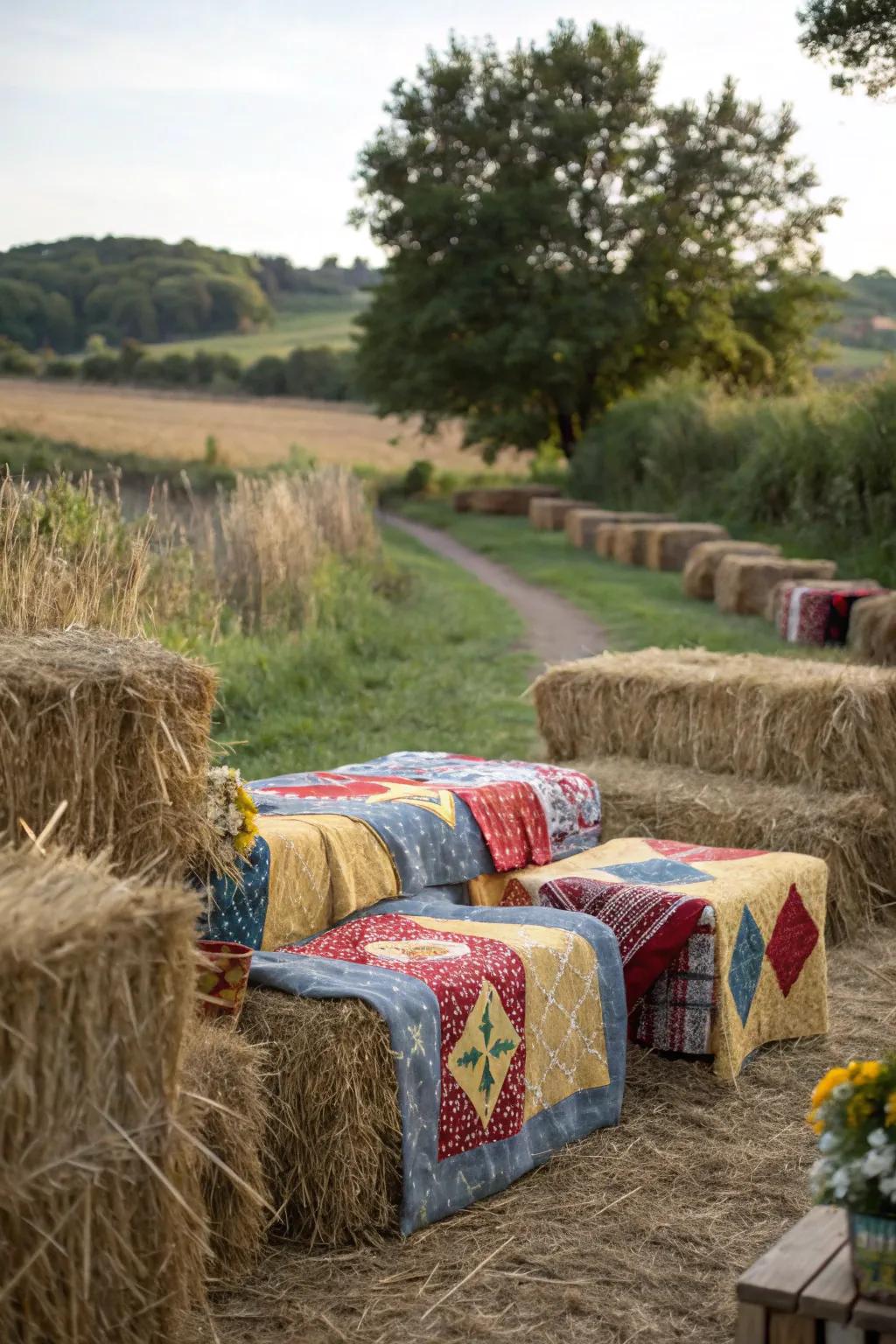 Hay bales provide rustic charm and comfortable seating.
