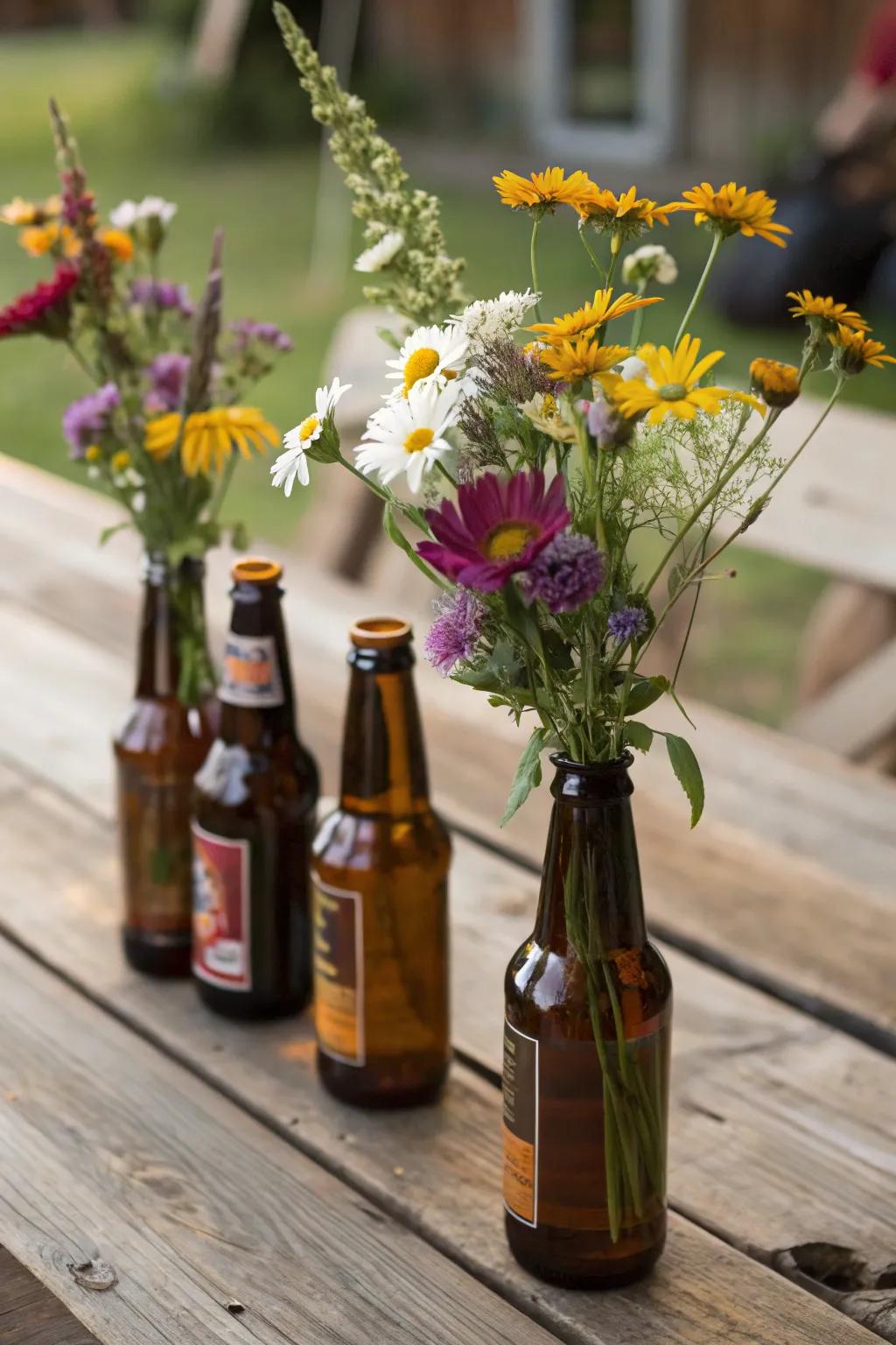 Ale bottles repurposed as containers bring a casual and inventive touch for your table.