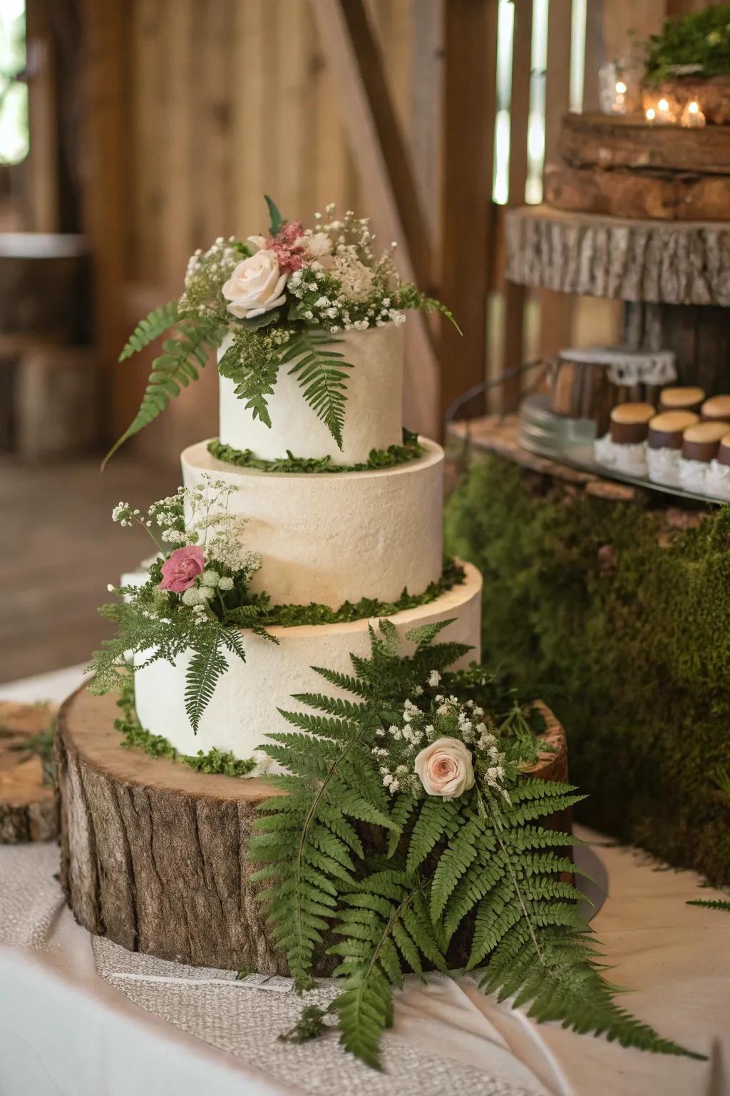 Cake featuring delicate ferns and flowers.