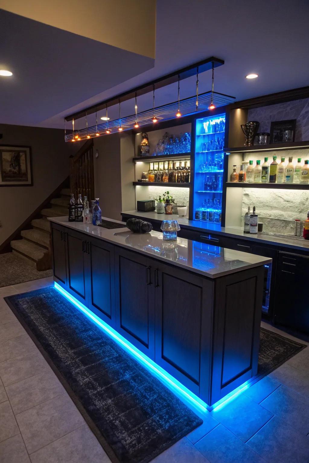 LED strip lighting adds a contemporary and warm glow to your wet bar setup.