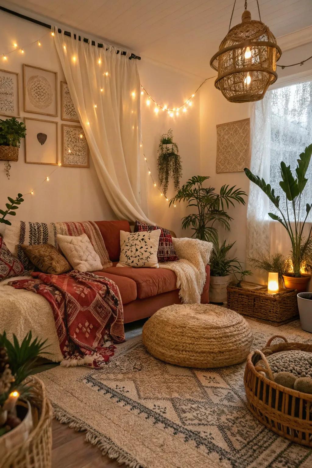 Snug boho living space with an appealing atmosphere.