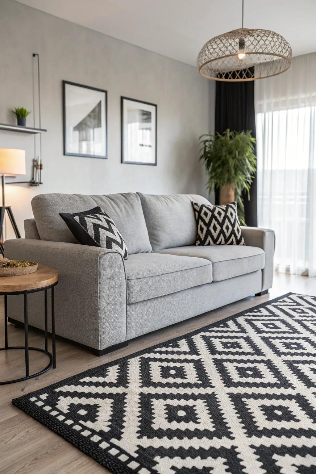 Two-tone patterned rugs add modern flair and dynamism.