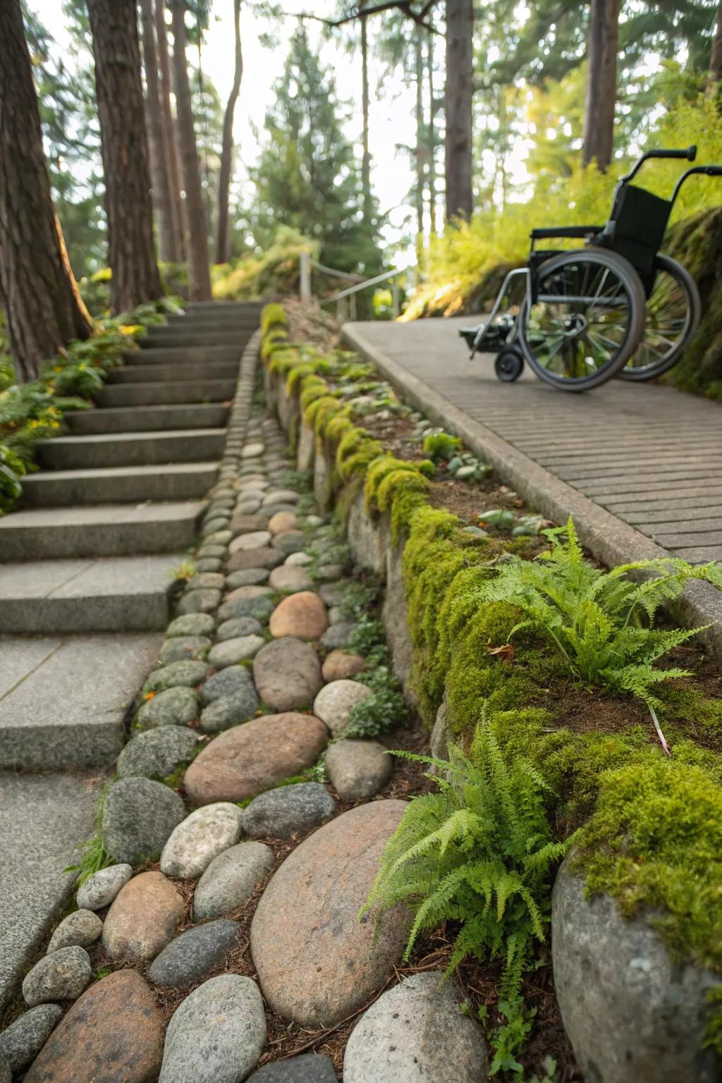 A nature-inspired ramp that harmonizes with the surrounding garden.