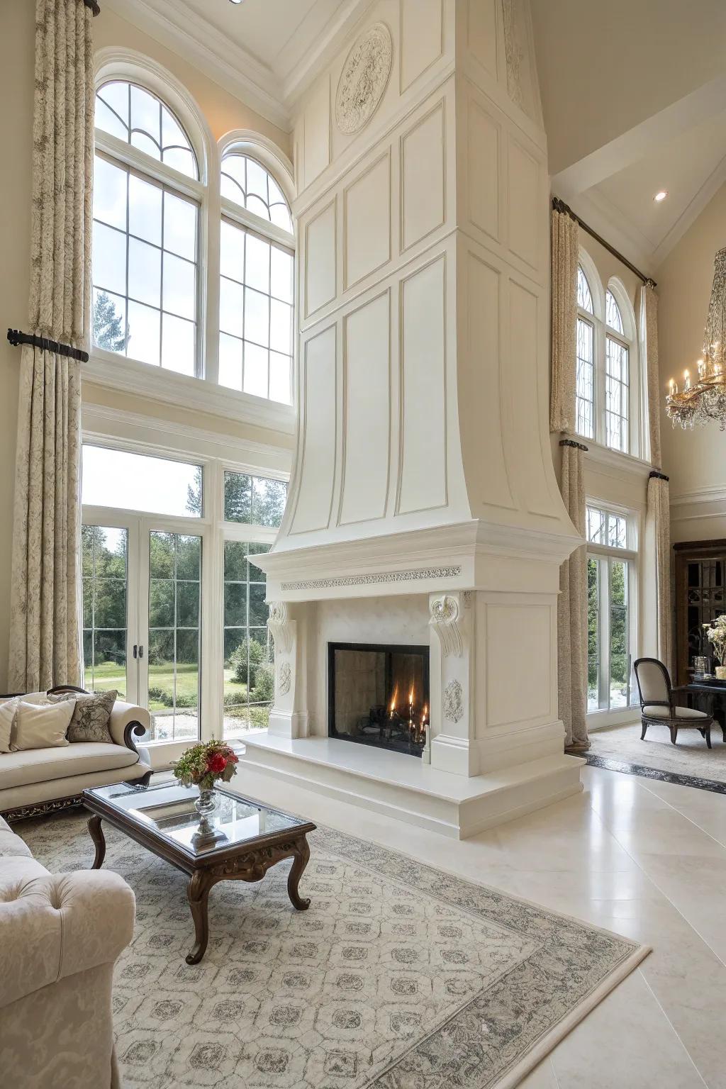 A floor-to-ceiling white fireplace adds grandeur to any room.