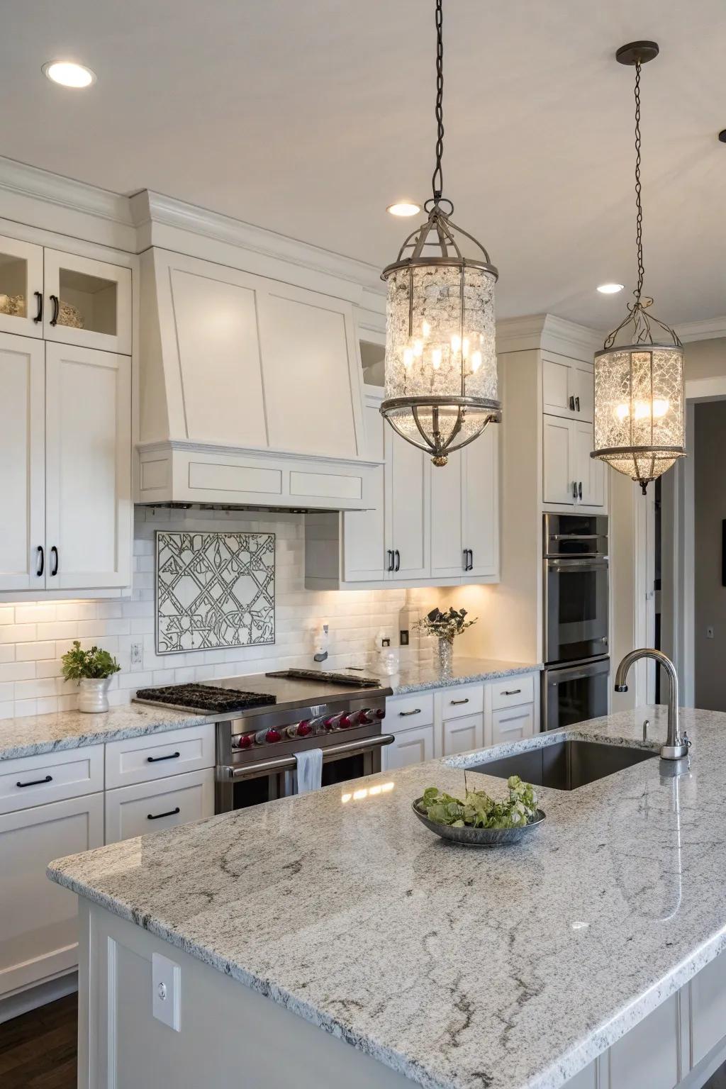 Pendant lighting enhances the beauty of a kitchen with frost white granite.