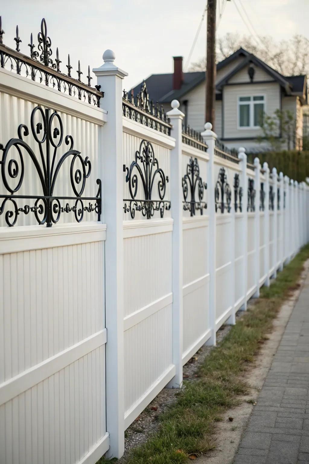 Decorative ironwork adds elegance and character to a white fence.