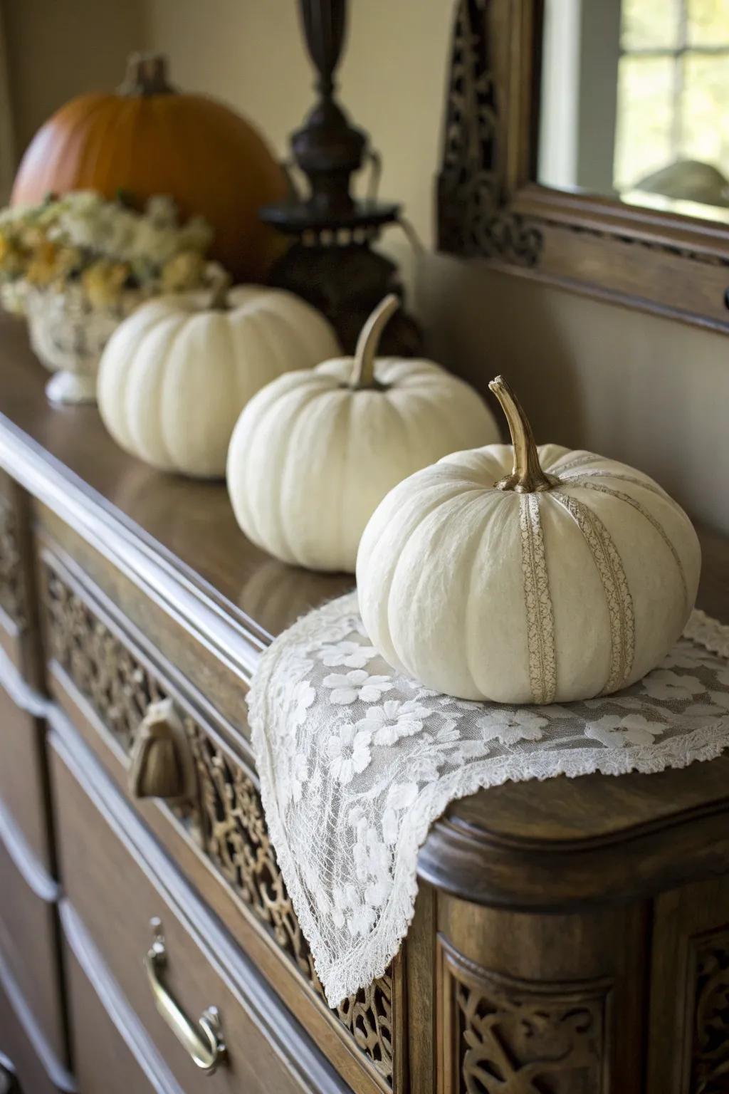Filigree-covered pumpkins for a vintage touch.