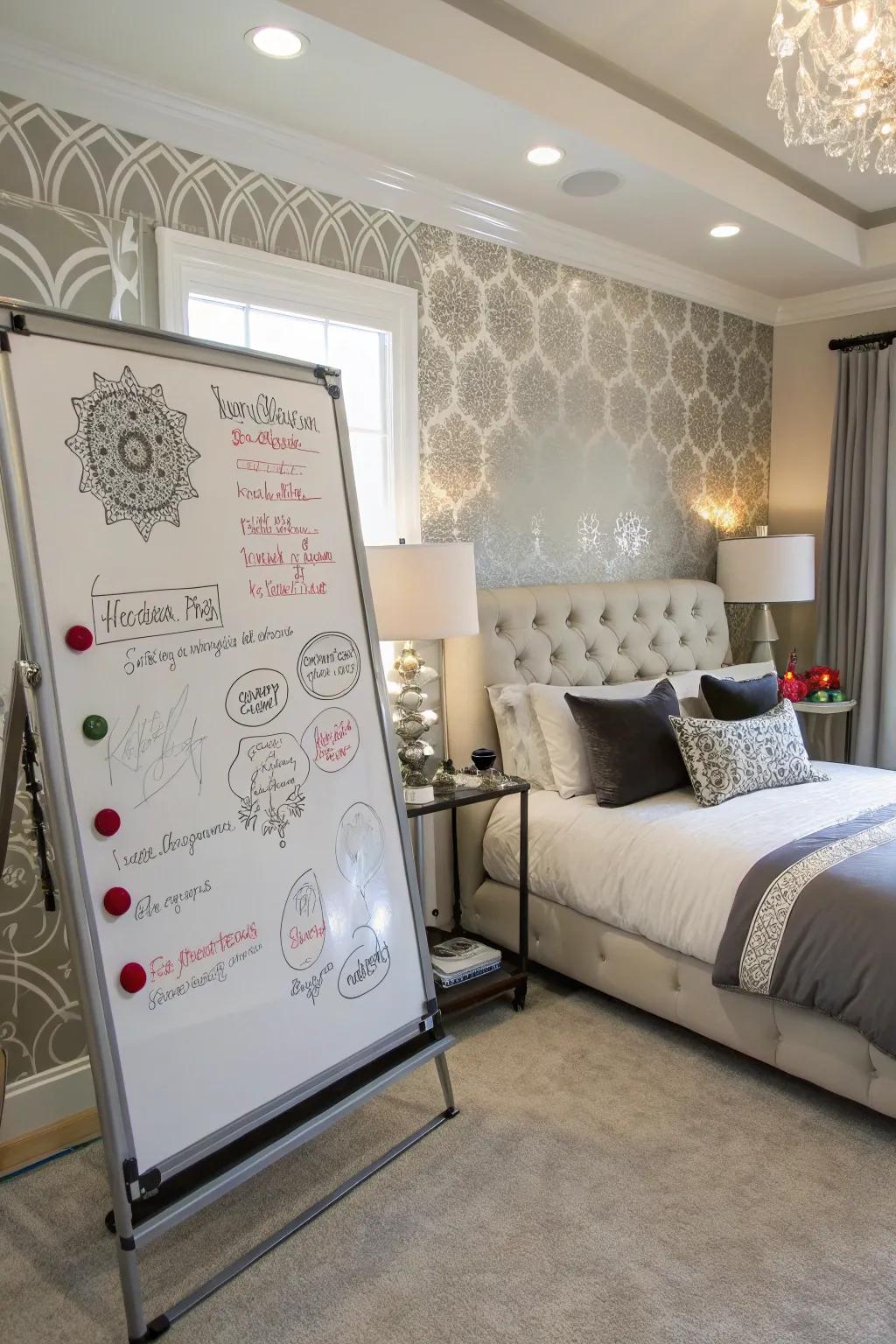 Vinyl stickers personalize the whiteboard with unique flair.