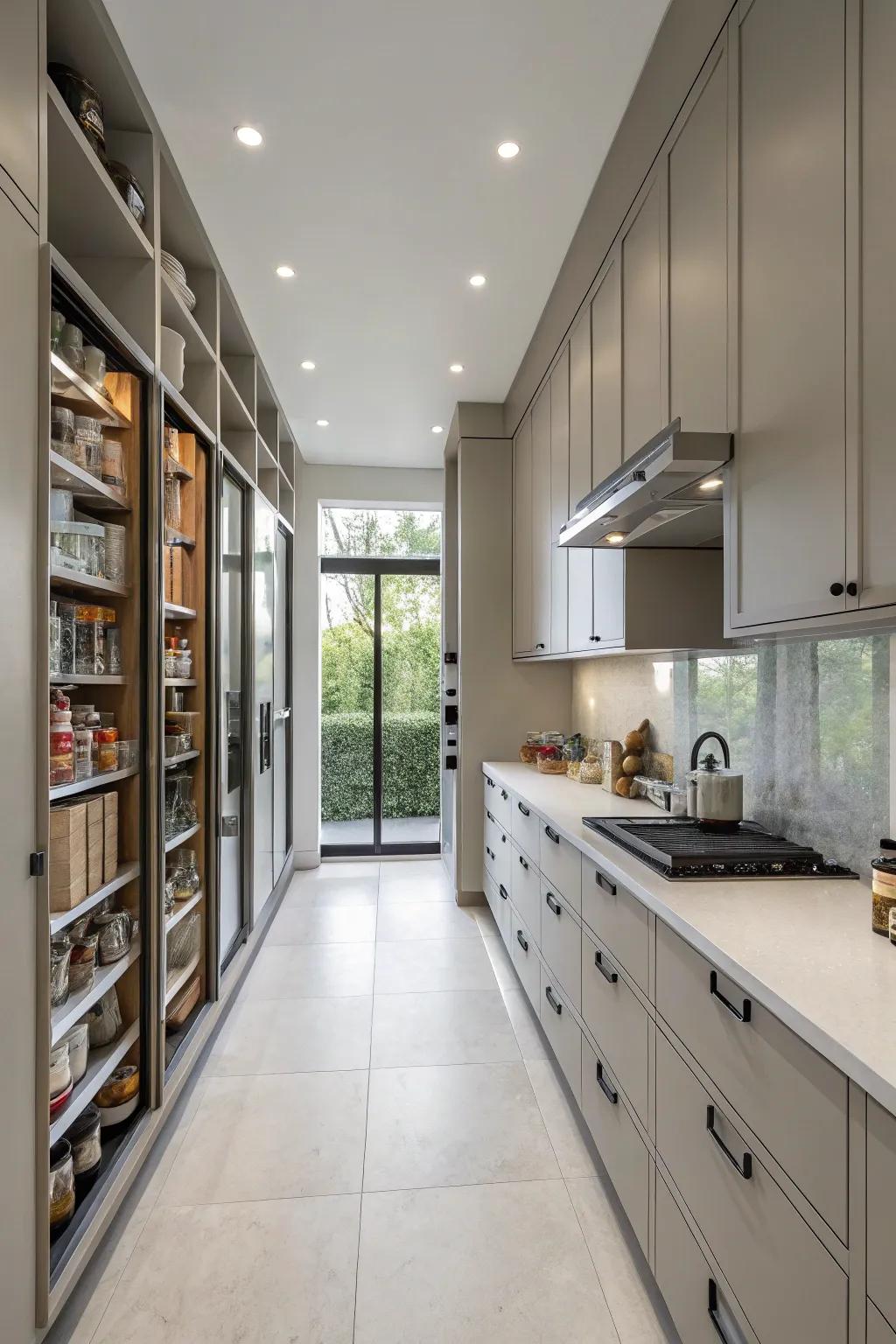 Vertical storage maximizing space in a wide galley kitchen.