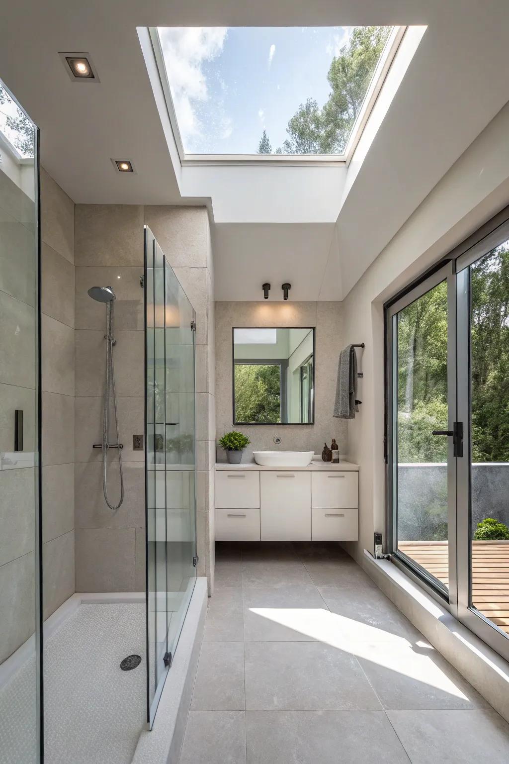 A roof window brings in overhead sunlight, enhancing the shower's ambiance.