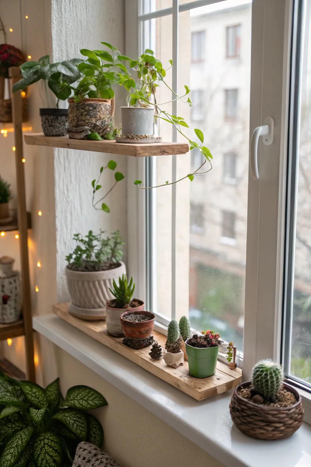 Free-standing supports maximize the space for decor above a windowsill.