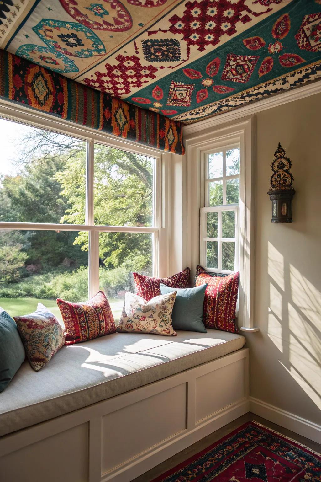 A bold ceiling gives interest and drama to your window seating area.
