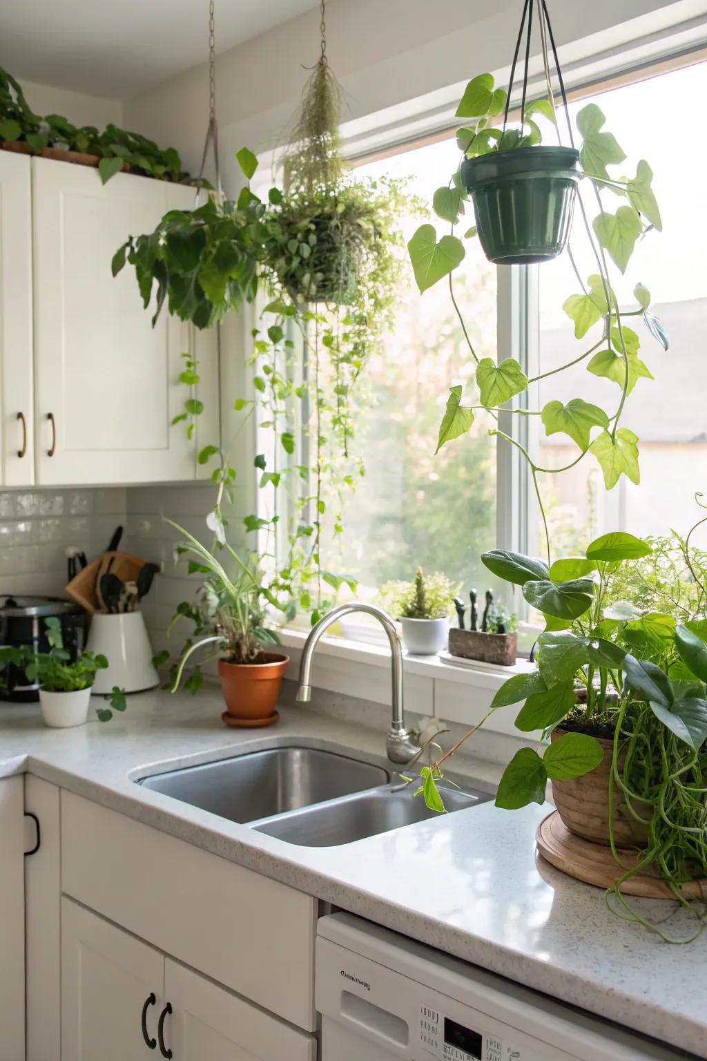 Plants can enliven and refresh a windowless kitchen.