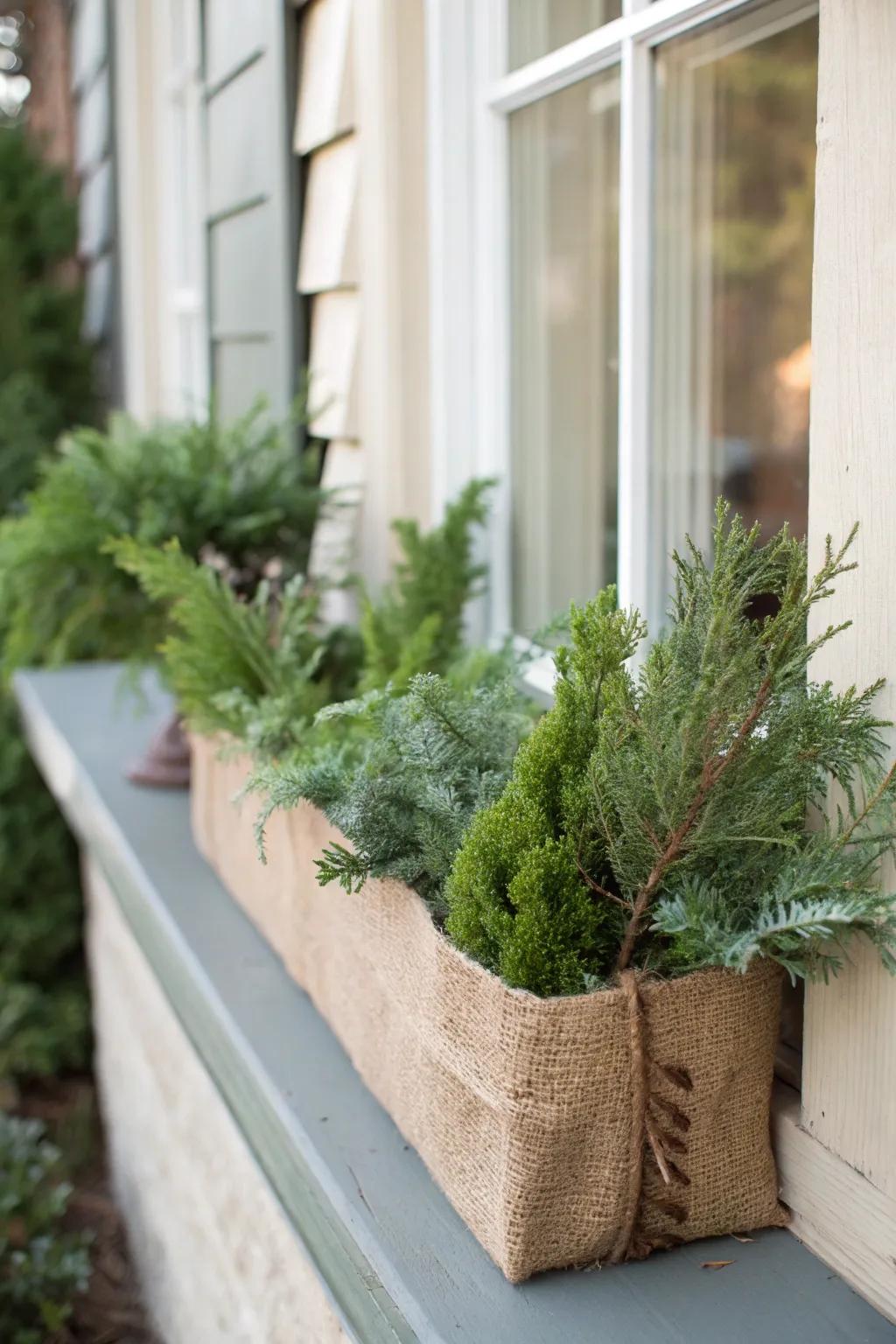 A rough textile adds a rustic charm to this winter window box.