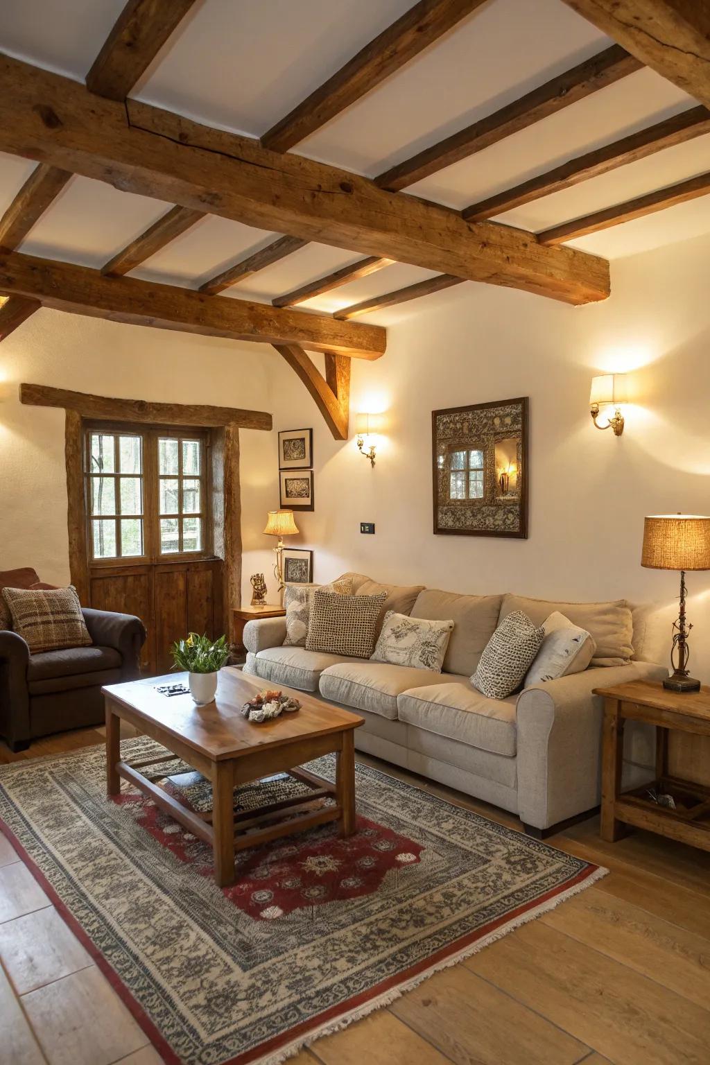 An unexpected beam placement adding character to a living room.