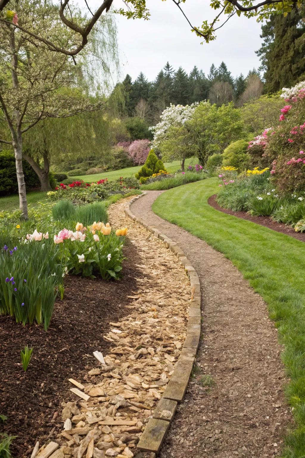 Bark nuggets provide a natural and rustic edging for garden pathways.