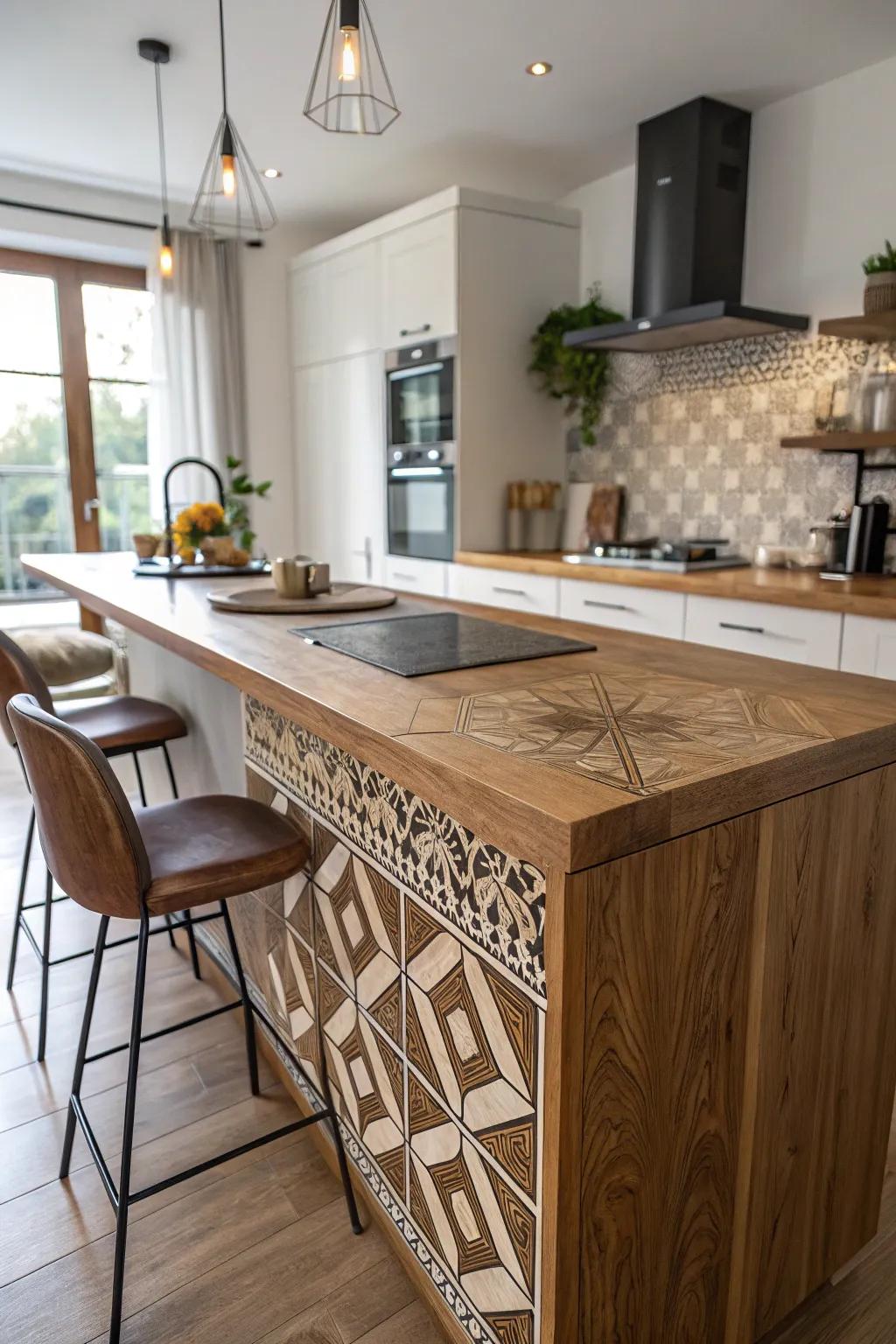 Geometric implants introducing an artistic touch to timber countertops.