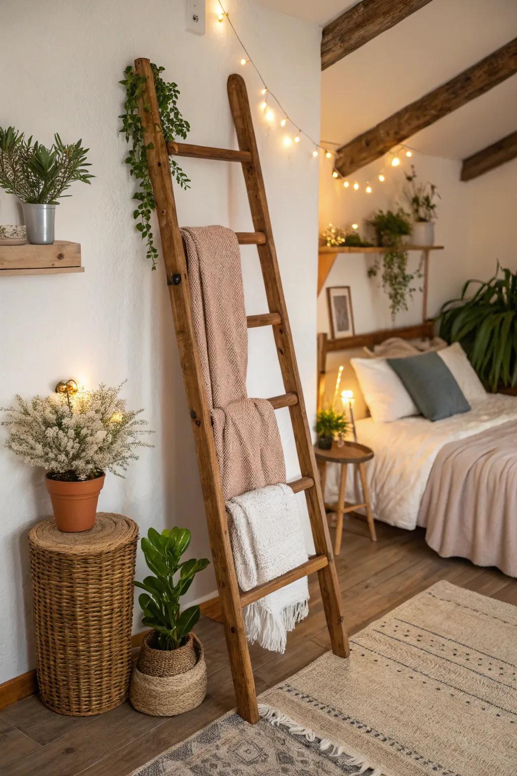 A wooden ladder is stylish and functional.