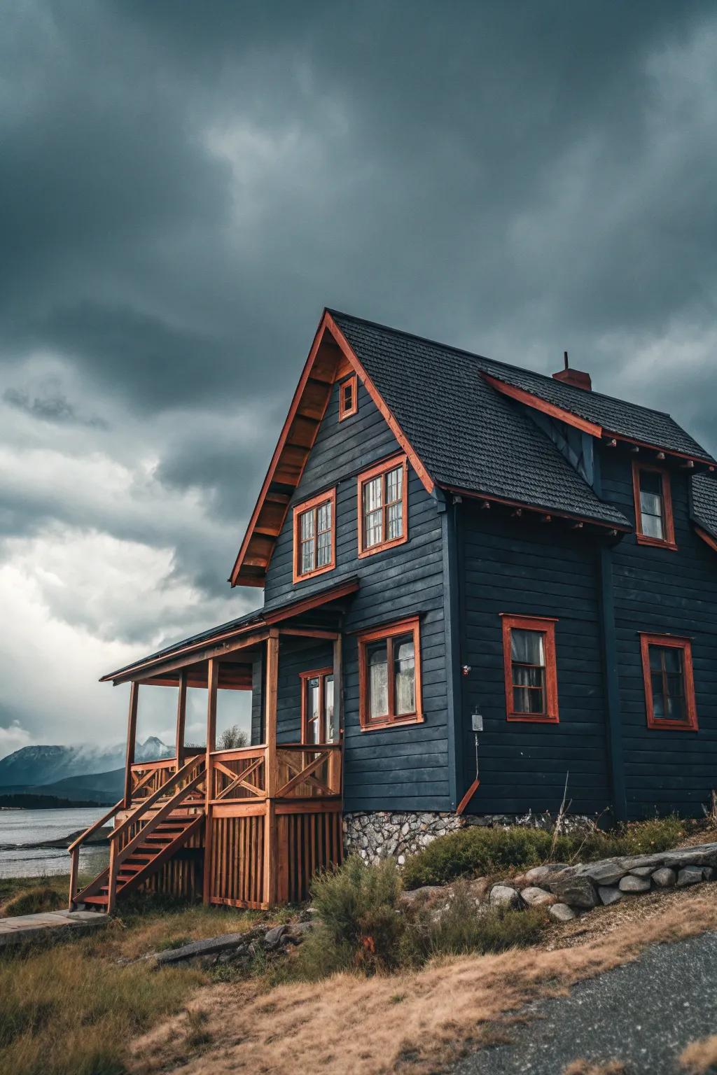 A striking wood house that makes a bold statement with its dark exterior.