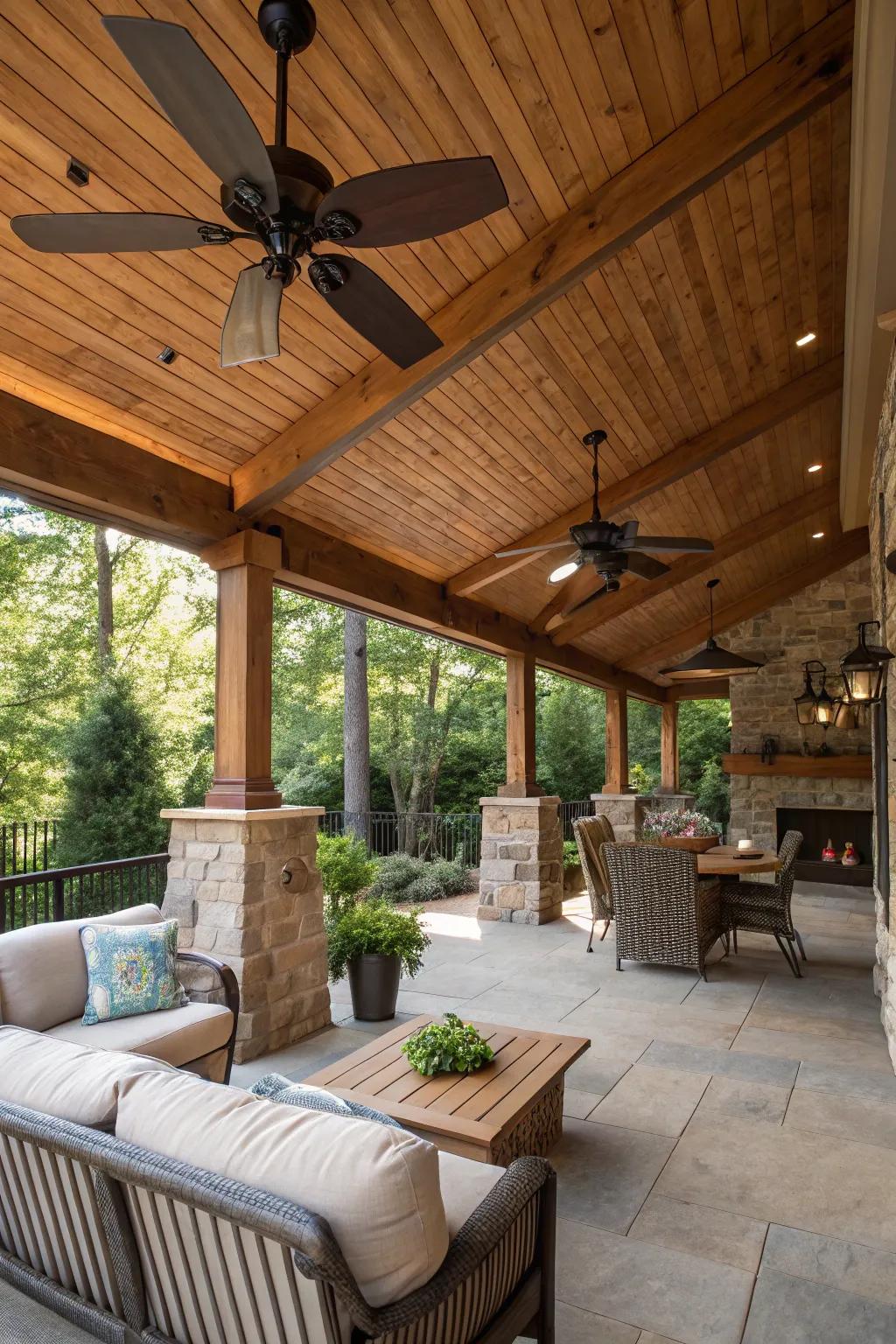 A cool and comfortable patio shelter featuring ventilation blades.
