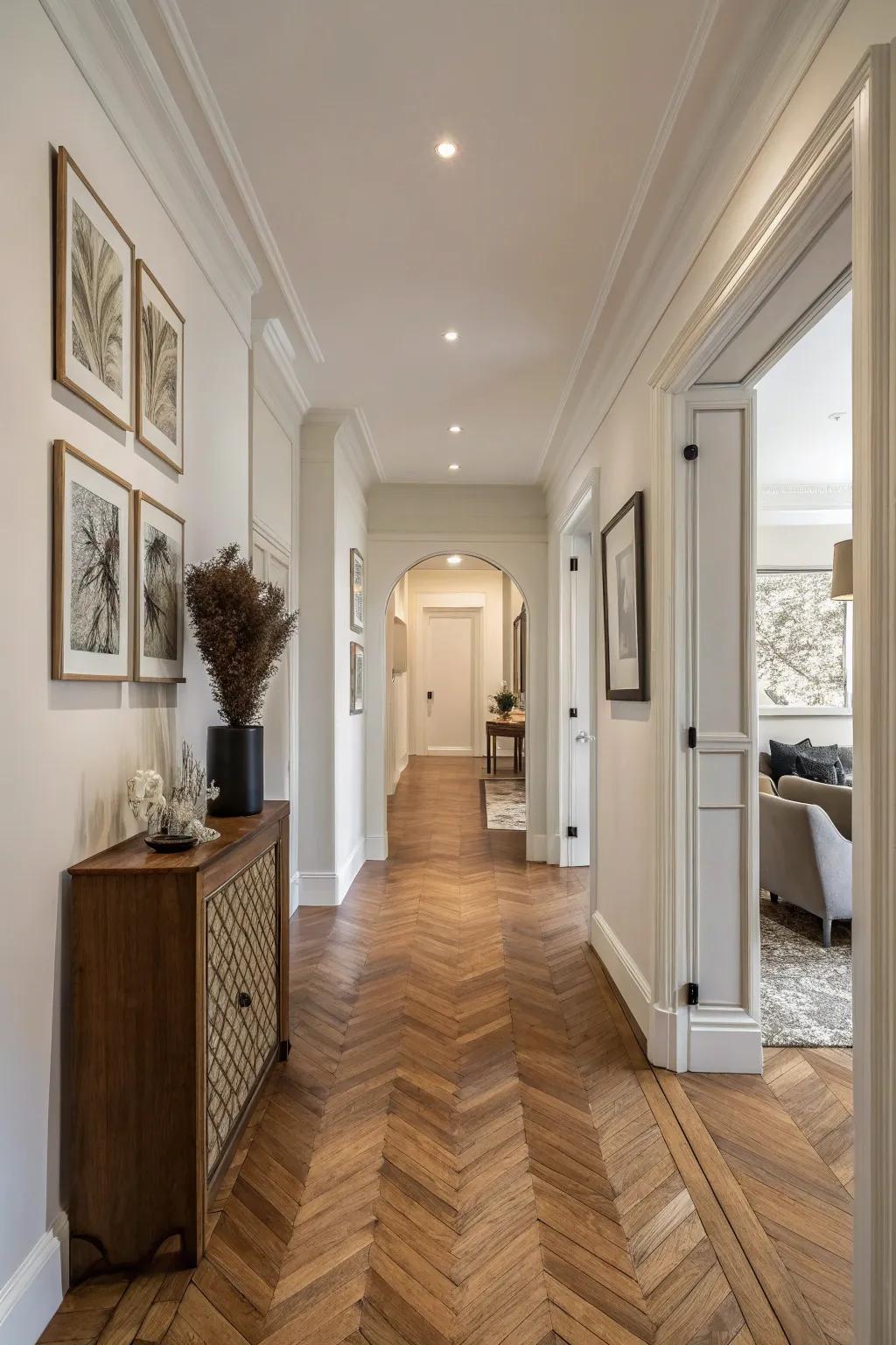 A hallway with edge grain wood surfacing offering unique fascination.