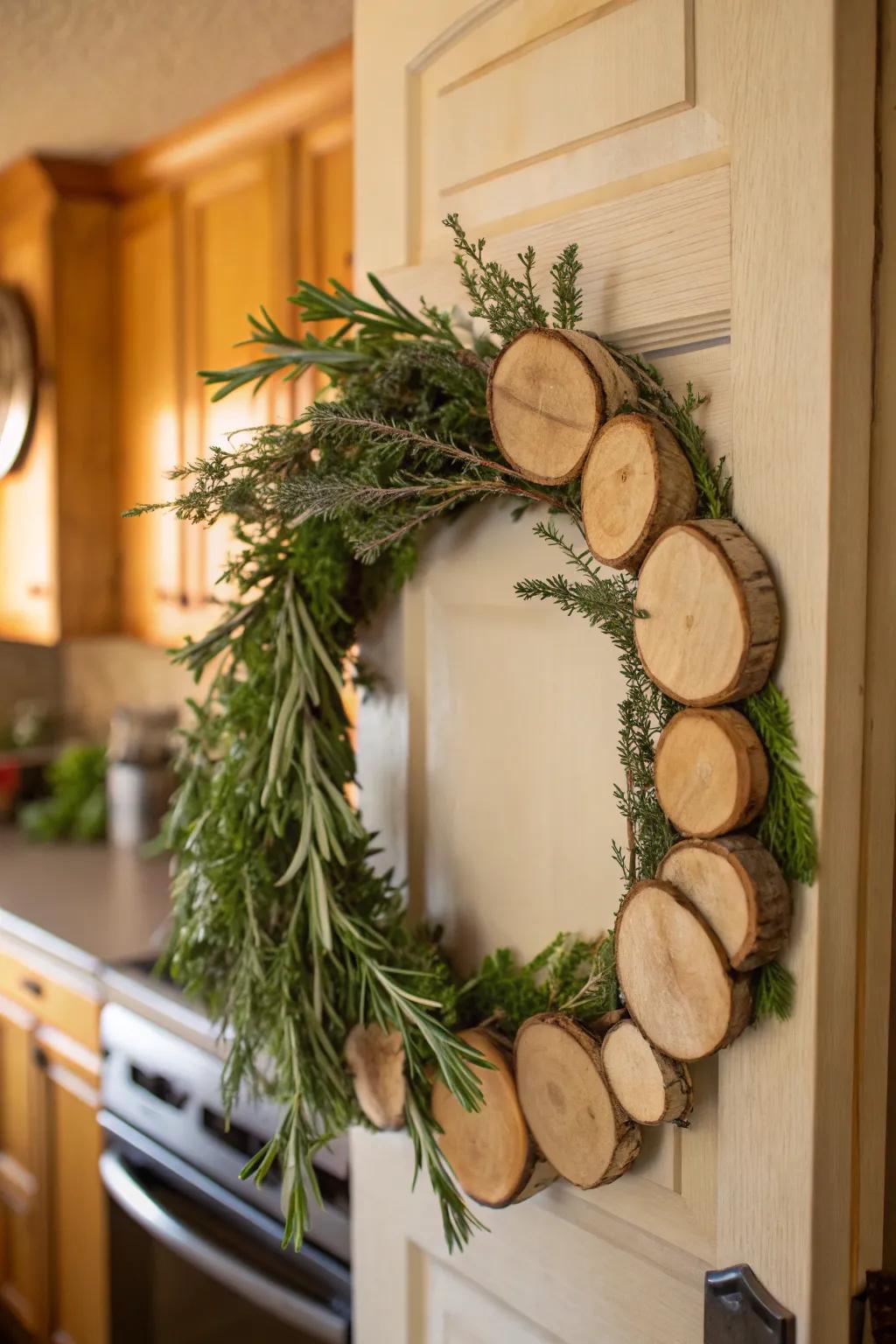 Herb-infused wood round wreath provides a fragrant entry.