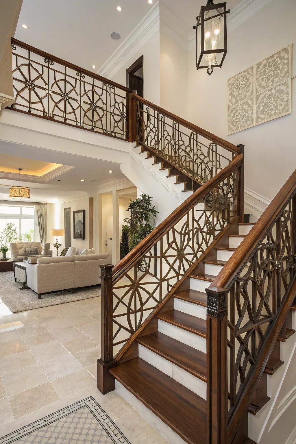 Modern appeal: wood railing with geometric designs.