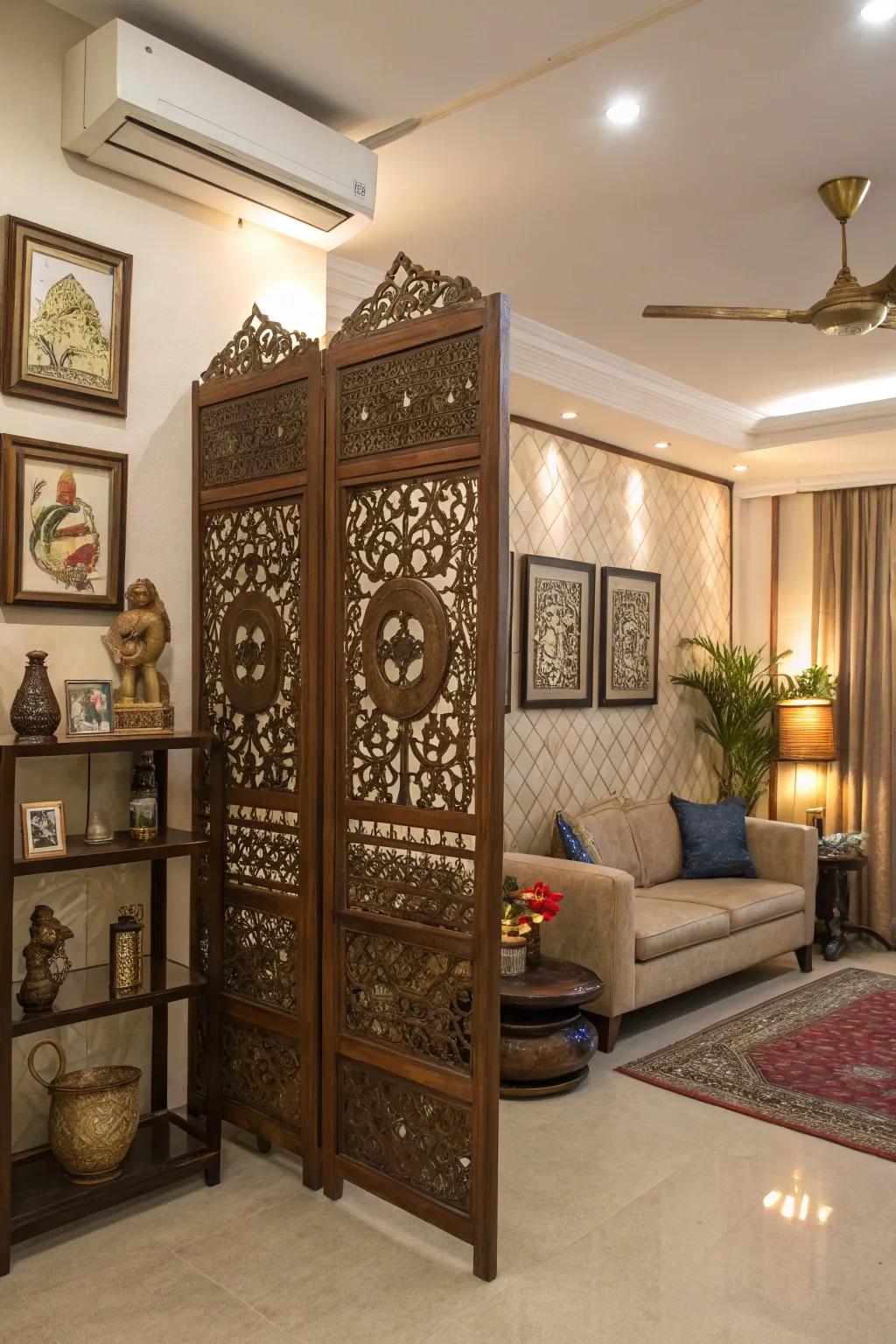 Artistic carvings featured on timber partitions serve as a stunning focal point within this elegant room.