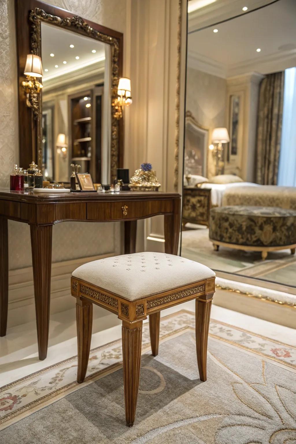A wooden stool adds elegance to your vanity setup.