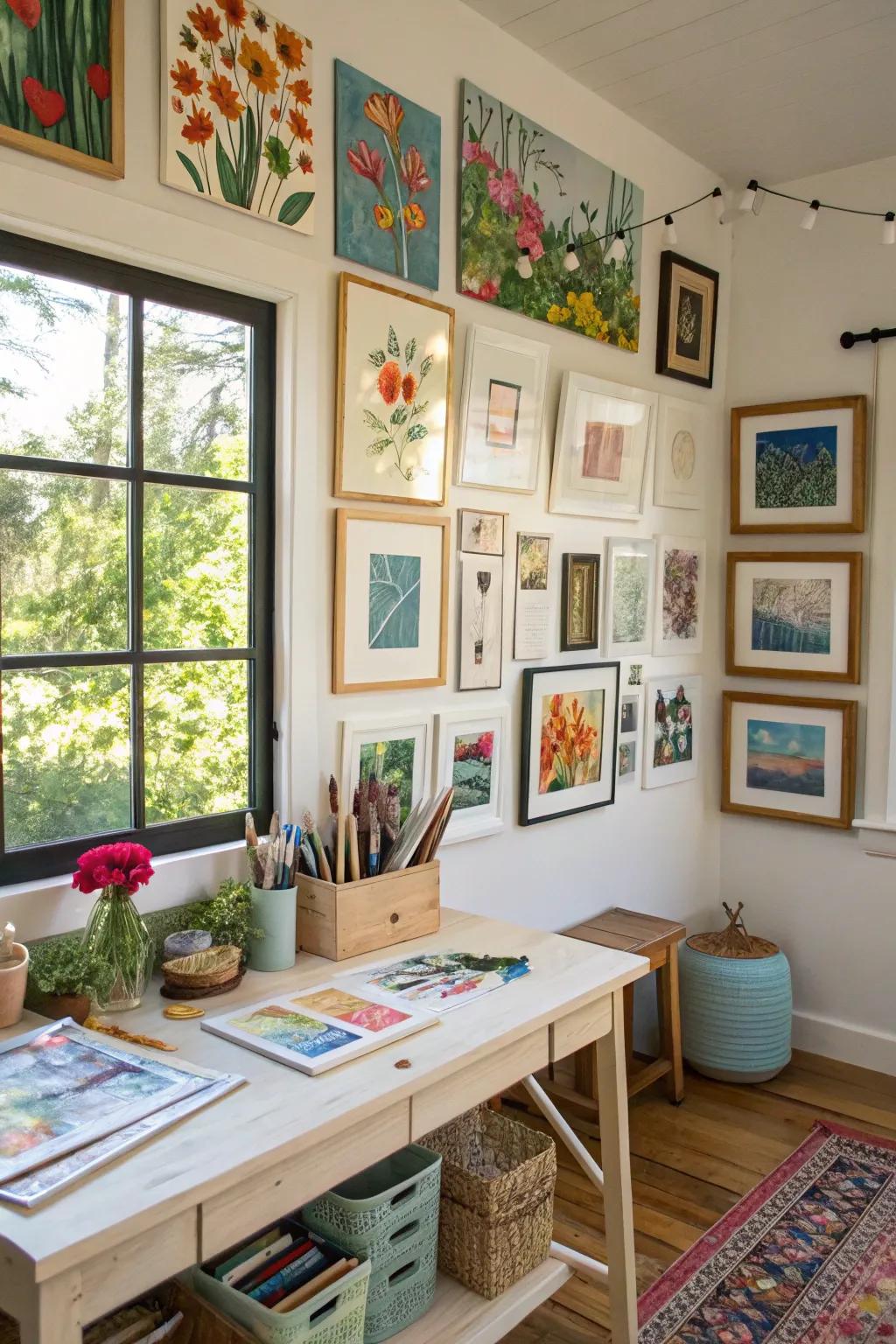 A gallery wall showcases art and inspires creativity.