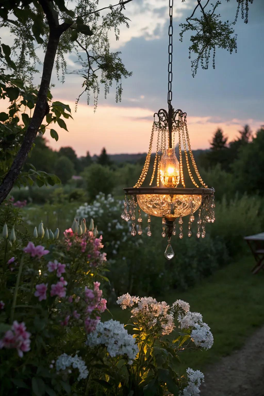 A sun-powered lamp casts a magical glow over this garden.