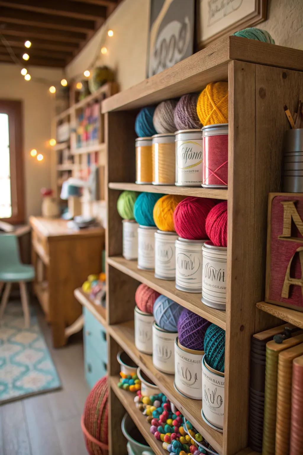Repurposed coffee cans provide quirky and sustainable yarn storage.
