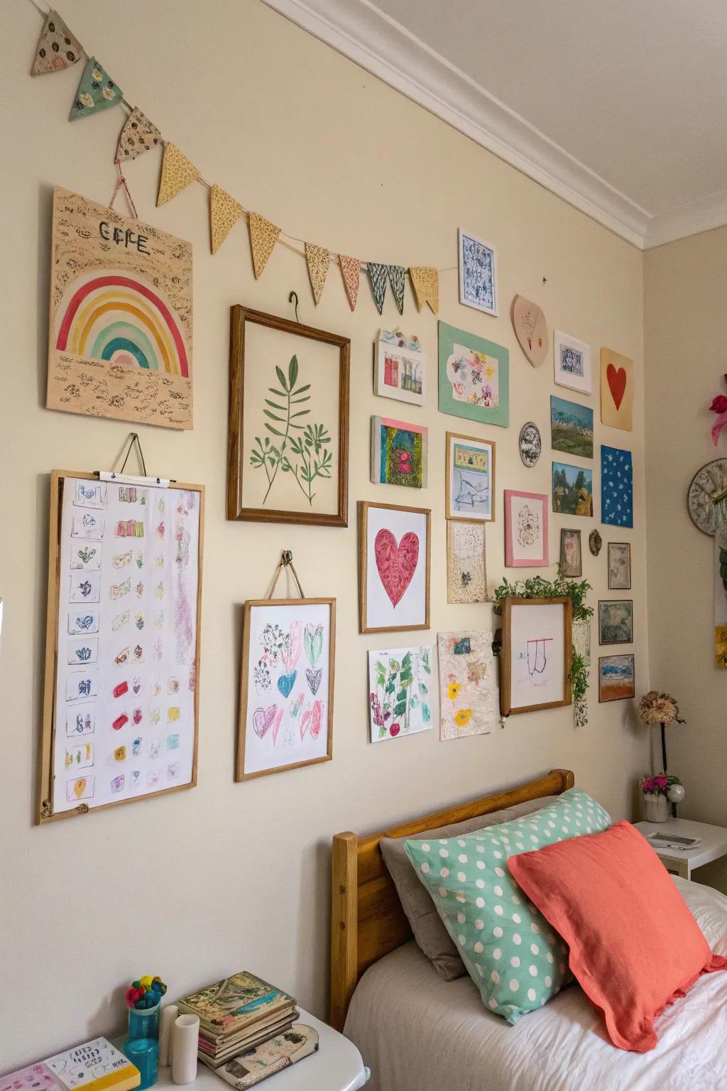 Do-it-yourself art displays contribute a personalized, creative touch.