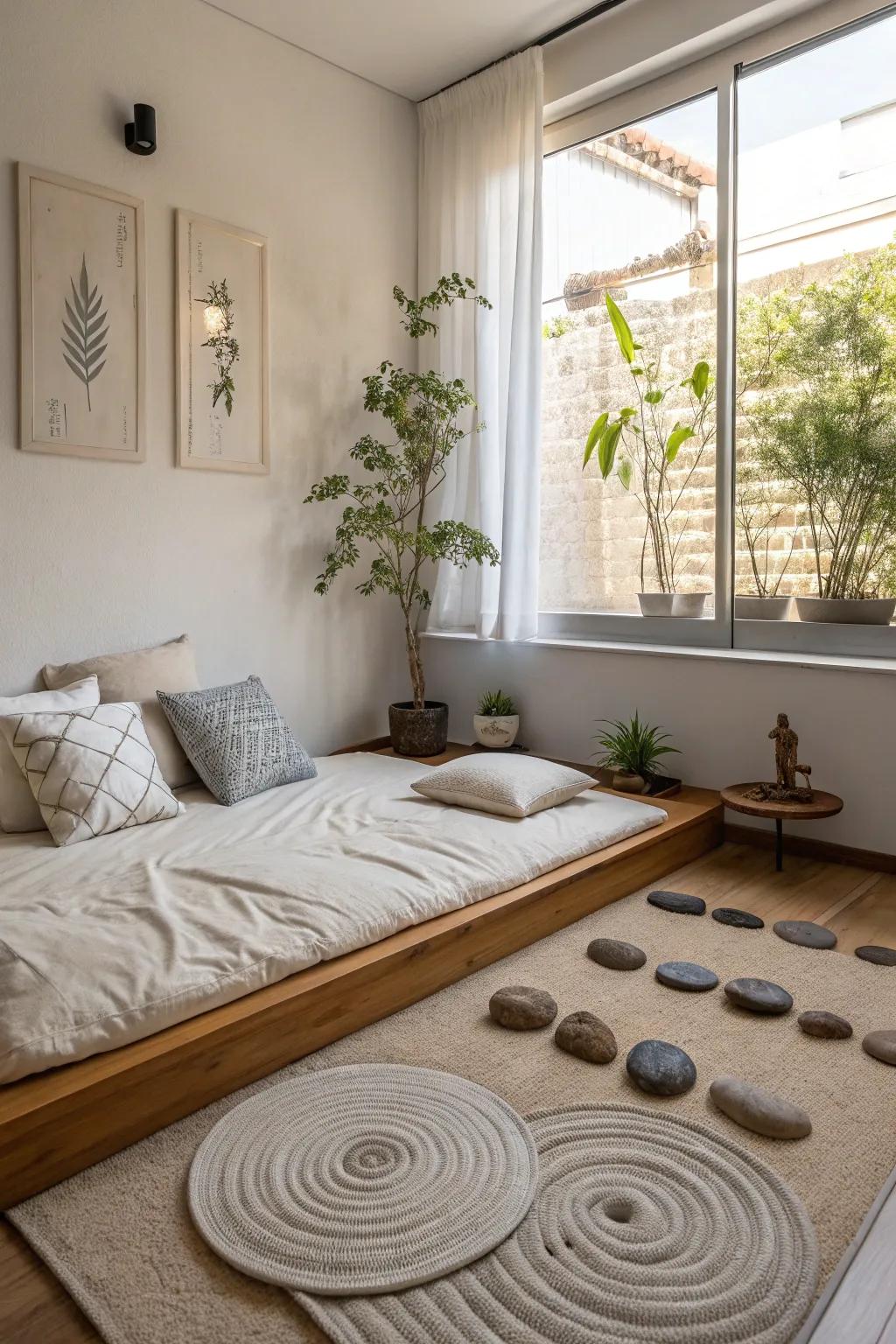 A zen garden corner offers a space for reflection and peace.