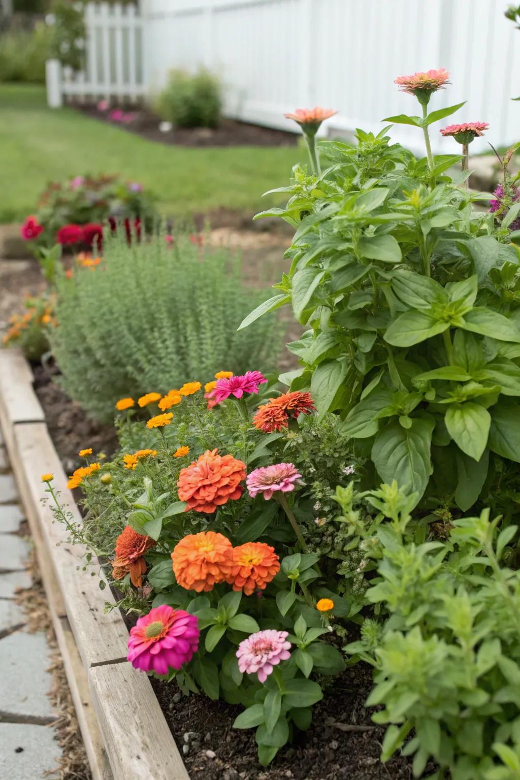 A fragrant and colorful garden patch with 'Blooms of Joy' and herbs.