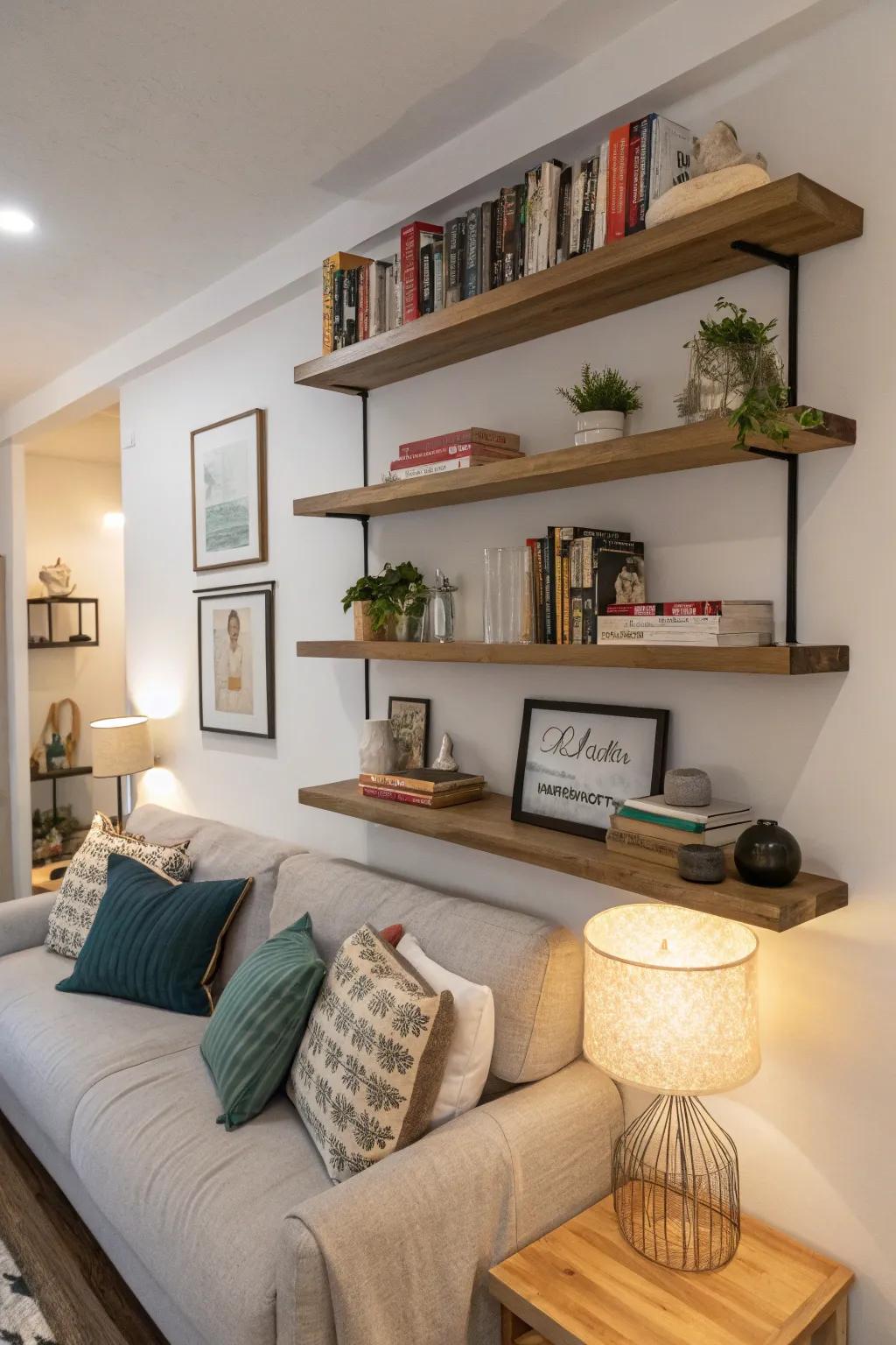 Wall attached shelves offer design and storage without bulk.