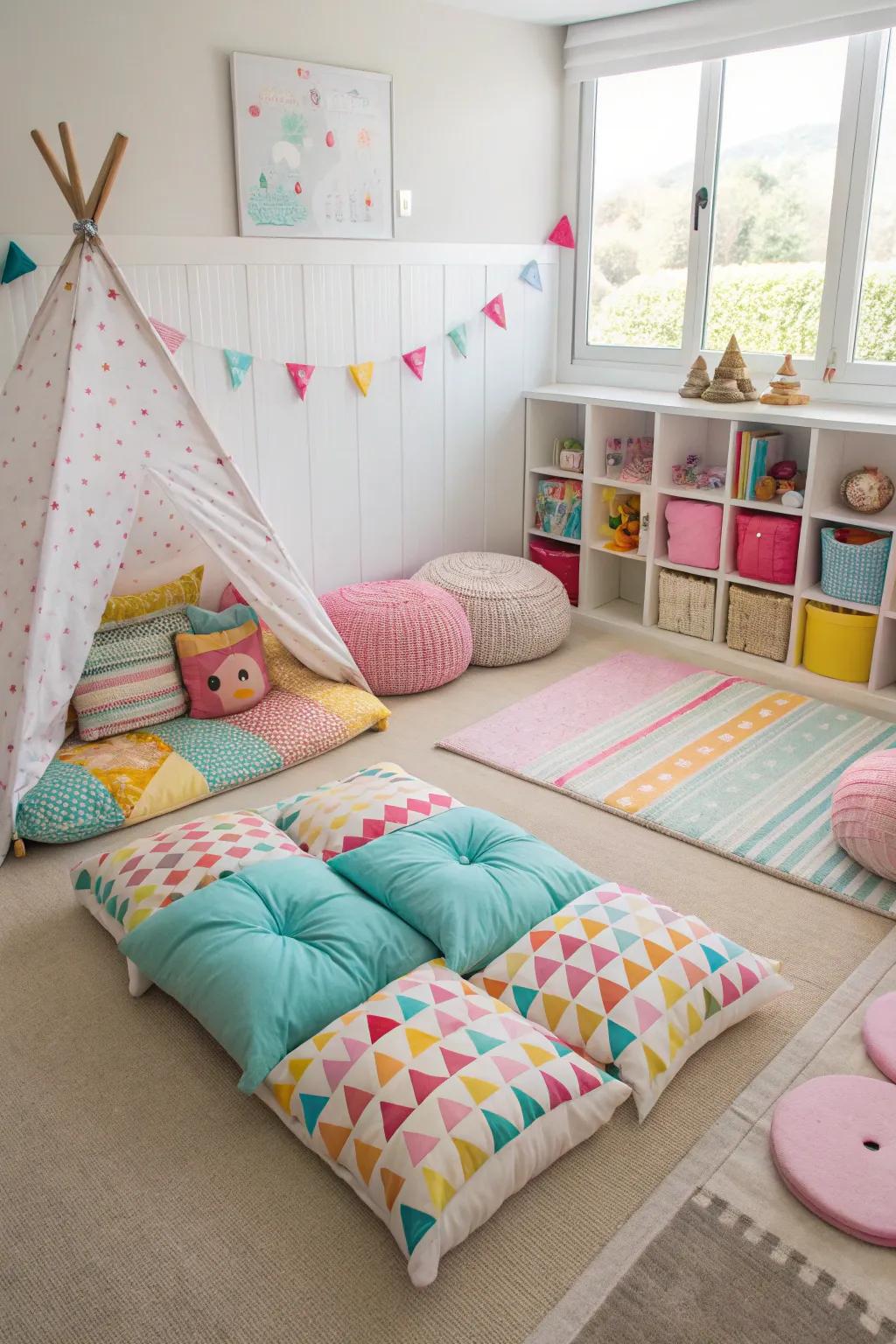 A floor pillow space offers a cozy spot for fun and relaxation.