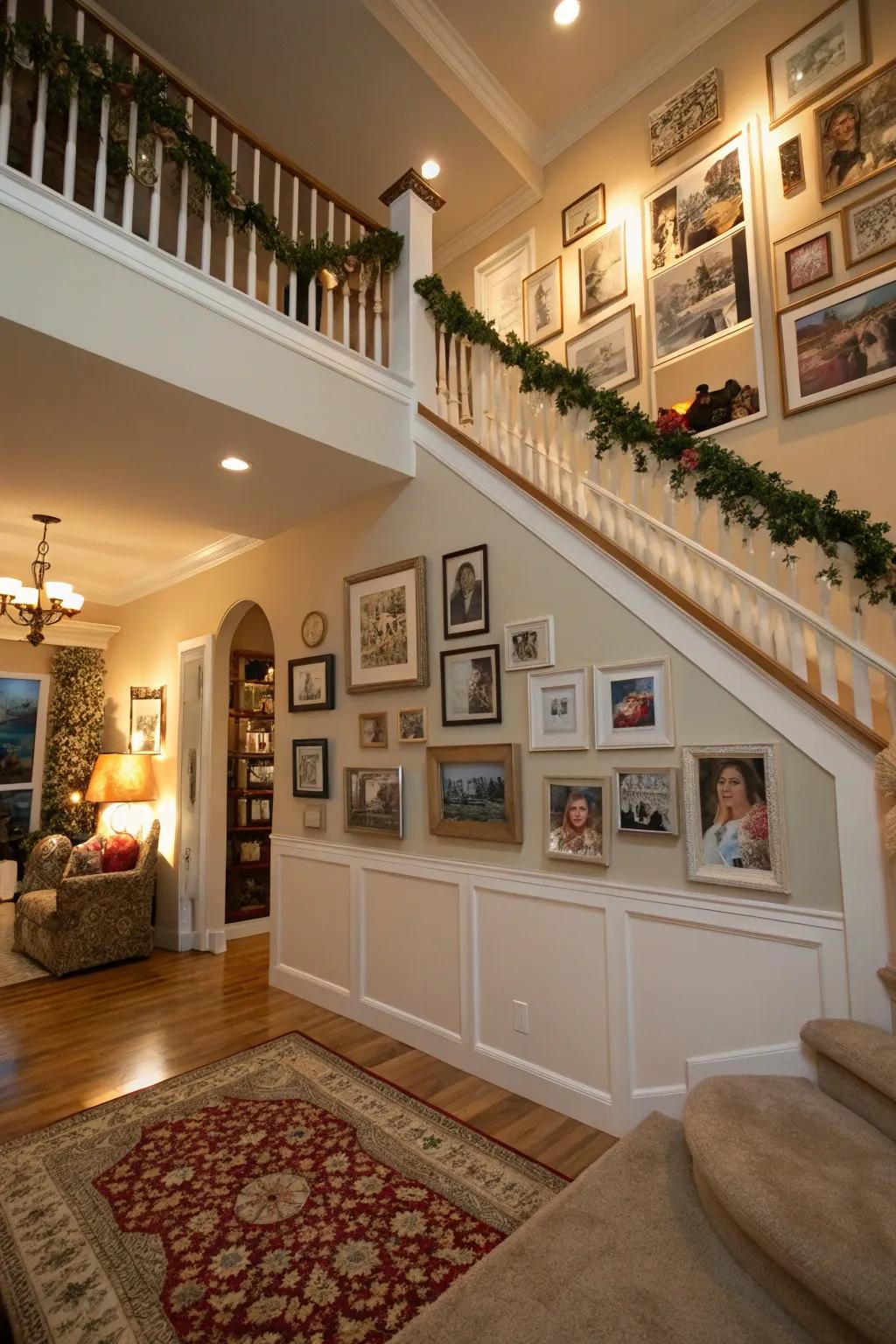 Personal touches like family photos add warmth to the foyer.