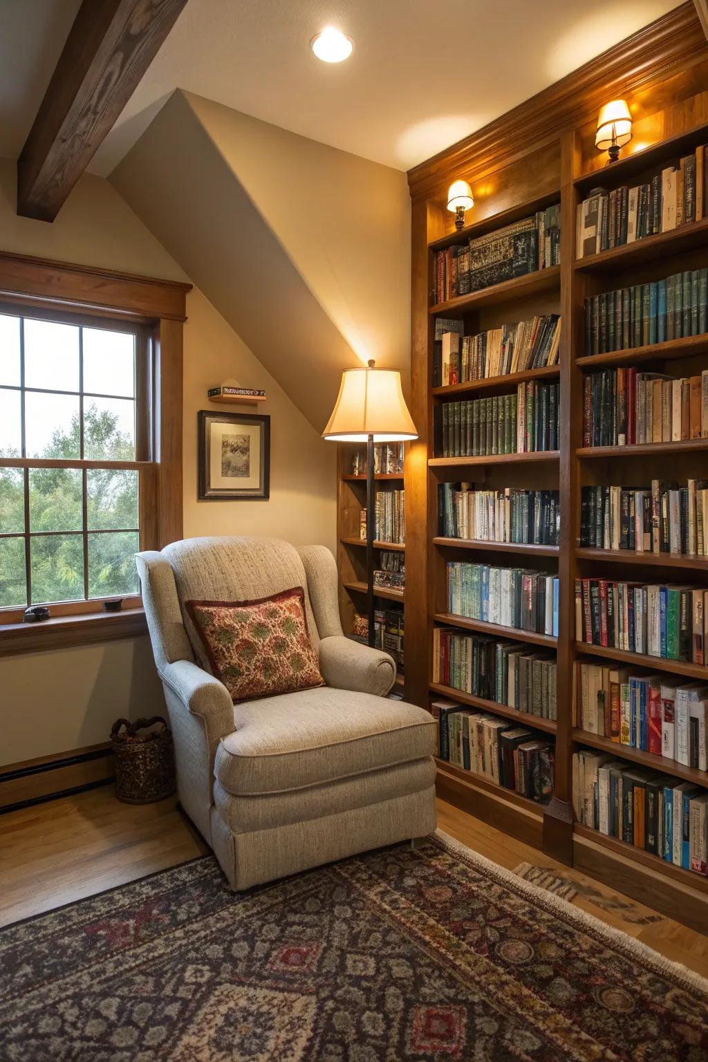 A reading nook offers a cozy escape.