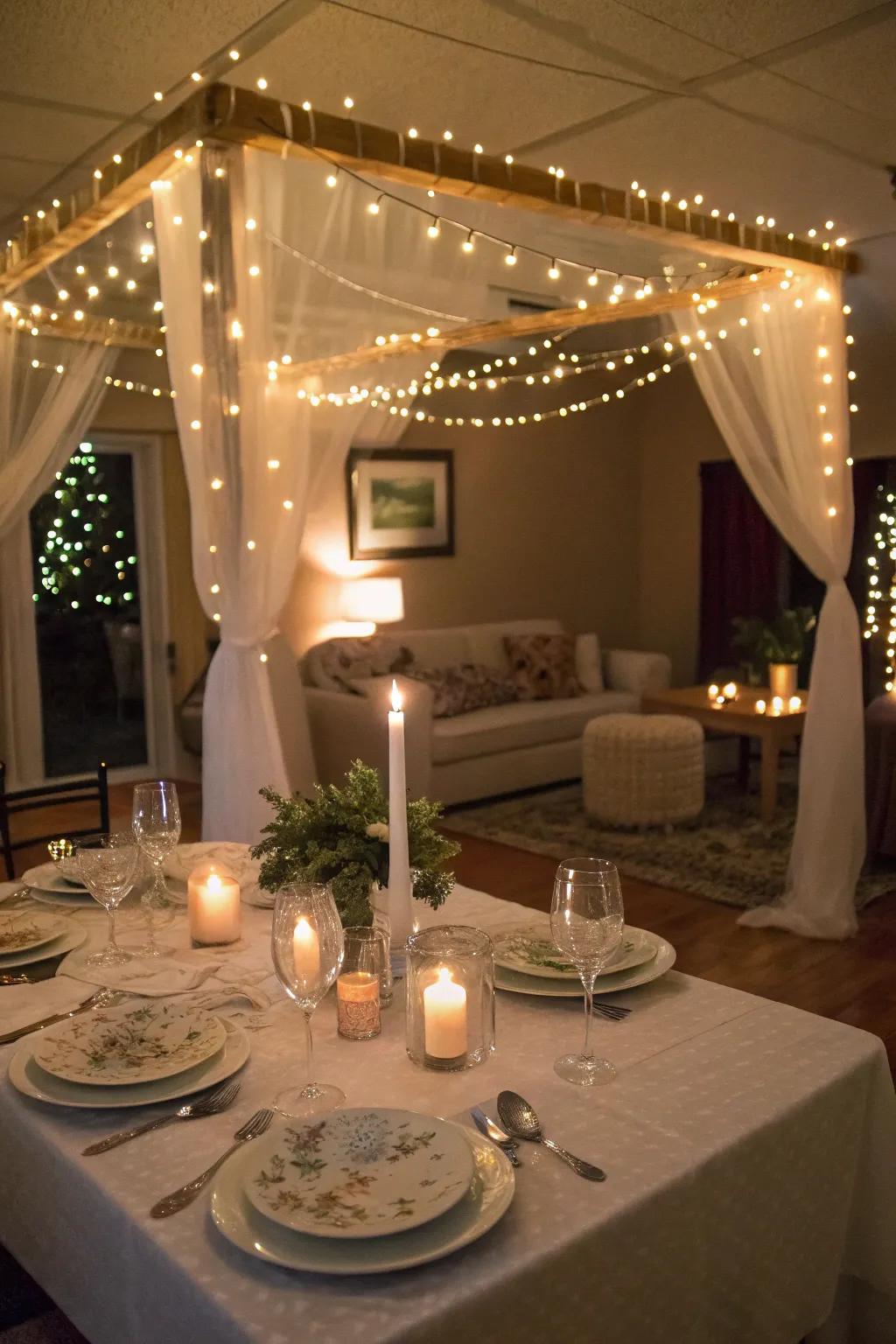 An indoor fairy light ceiling for a magical dinner environment.