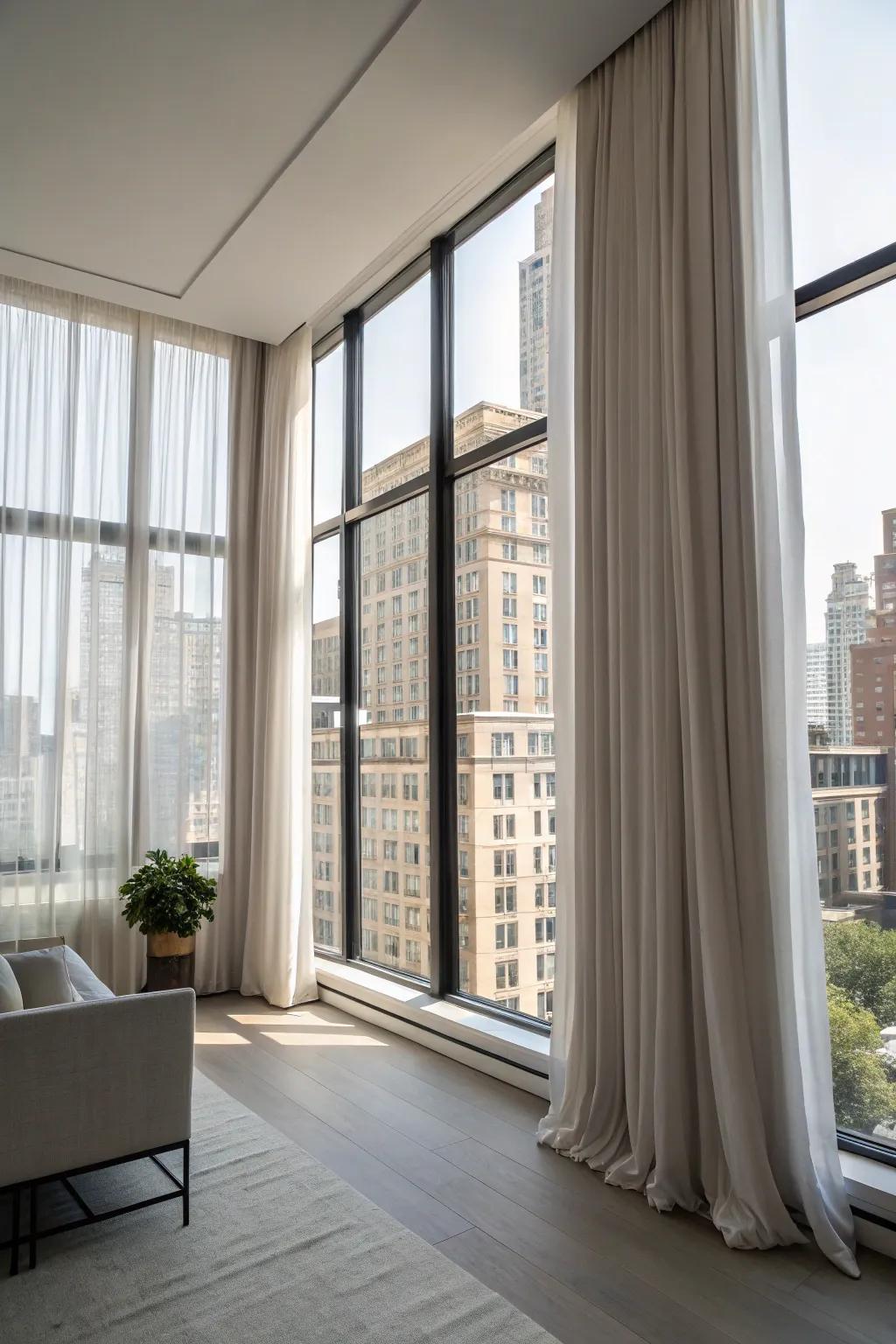 Long curtains can add a touch of elegance and spaciousness to your studio.