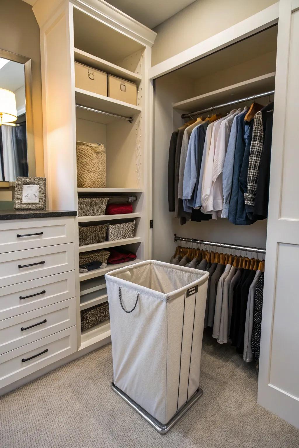 Maintain closet neatness with concealed laundry solutions.
