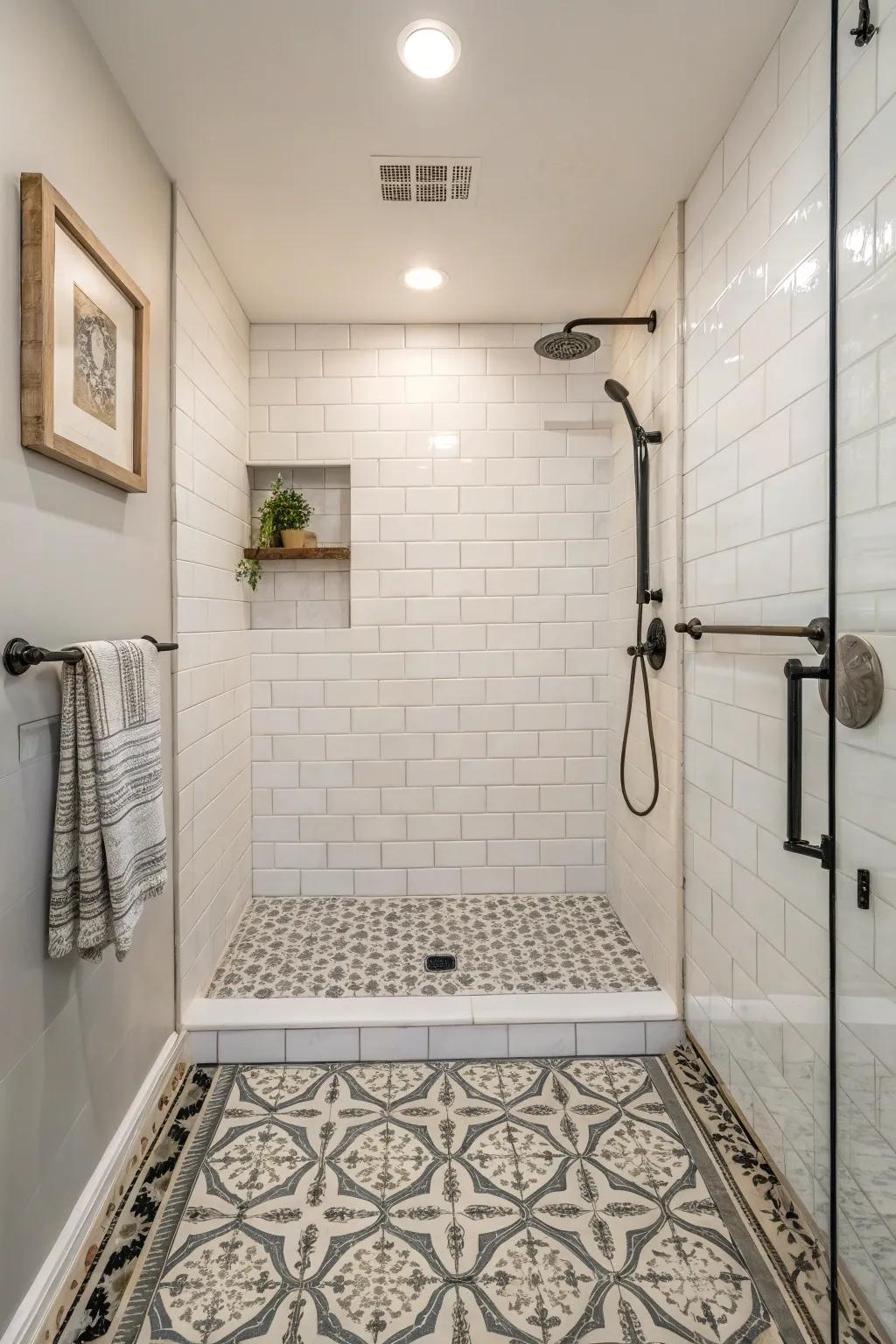 Design-forward floors add creativity and uniqueness to a small shower.