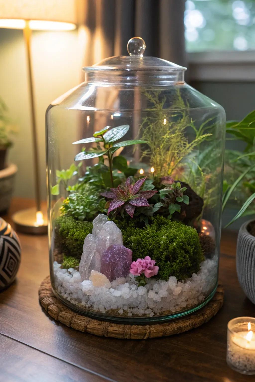A shimmering fantasy terrarium showcasing shimmering stones.