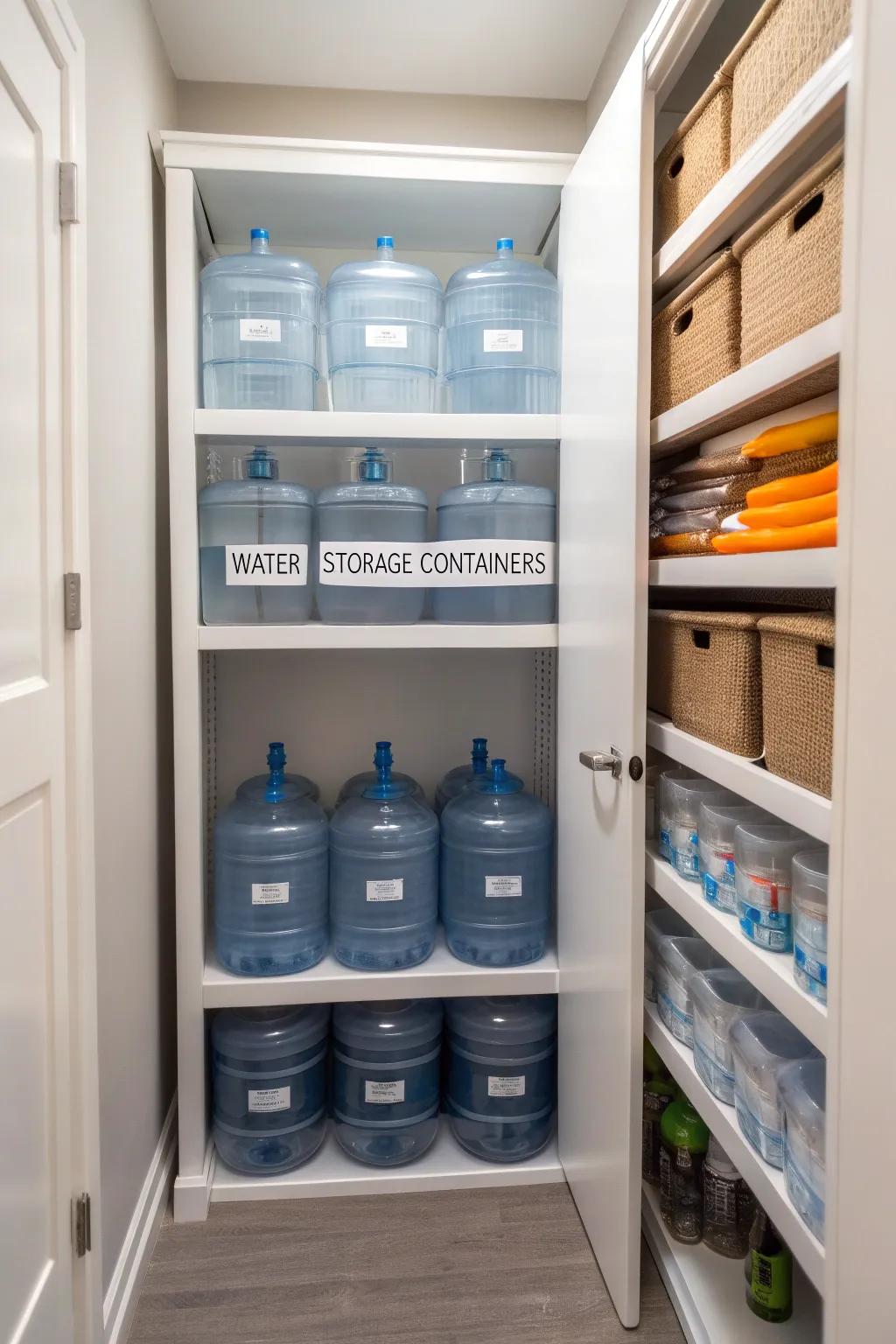 A dedicated closet keeps water storage organized and accessible.