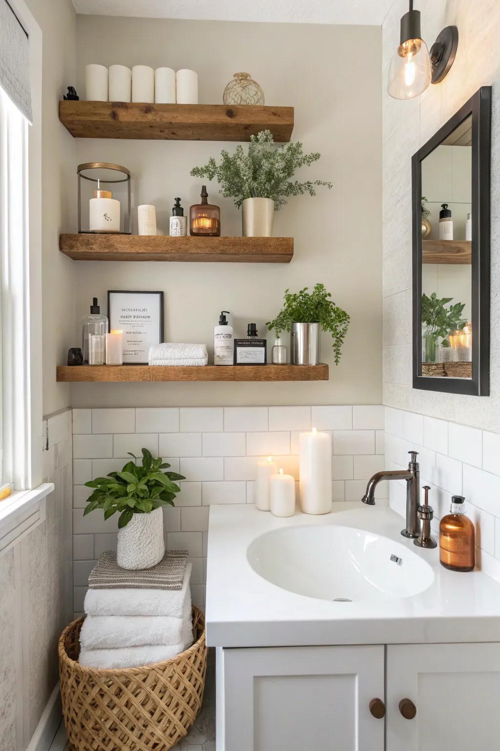 Floating shelves offer practical storage with a minimalist touch.