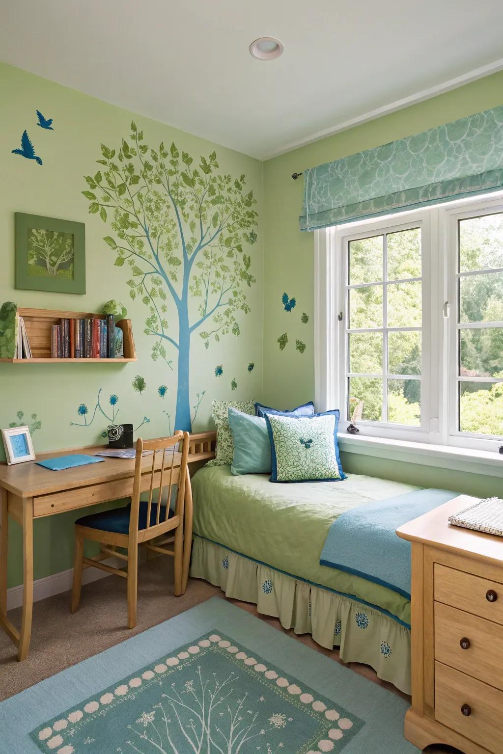 A calm bedroom with peaceful, nature-inspired colors.