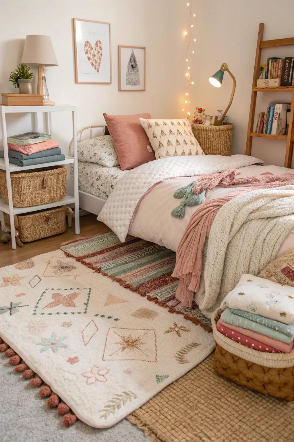 Layered fabrics bring warmth and comfort to the room.